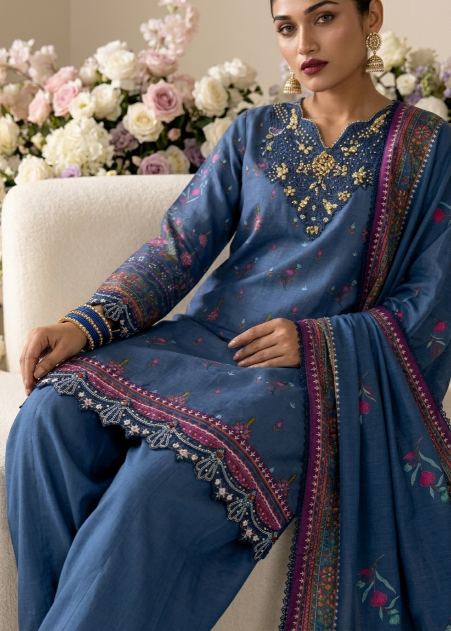 Sapphire Blue Embroidered Raw Silk Festive Suit Online in Sri Lanka India Australia