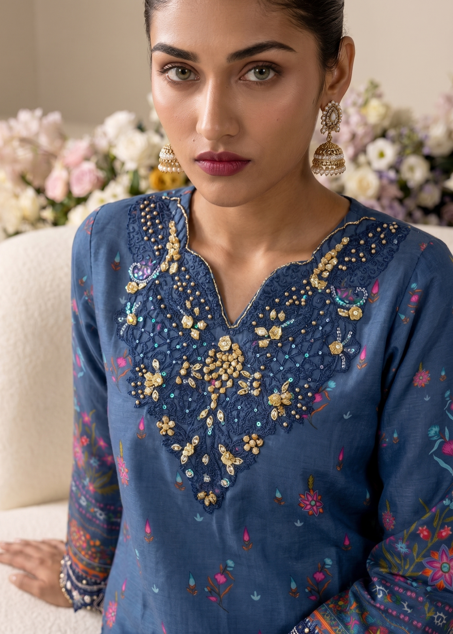 Sapphire Blue Embroidered Raw Silk Kurta Pajama Online in Dubai DXB UAE Abudhabi Meena Bazaar
