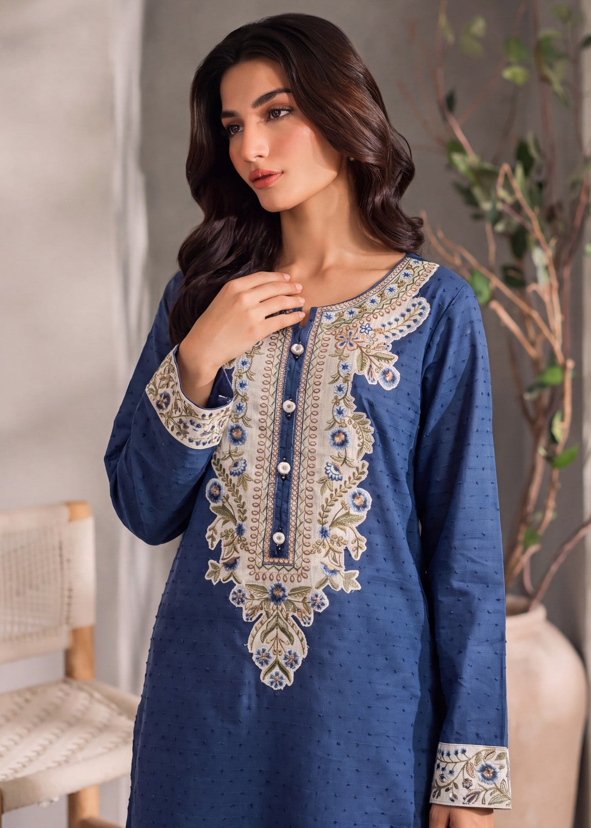 Sapphire Blue Embroidered Short Kurta with Shalwar Online in UK USA Canada