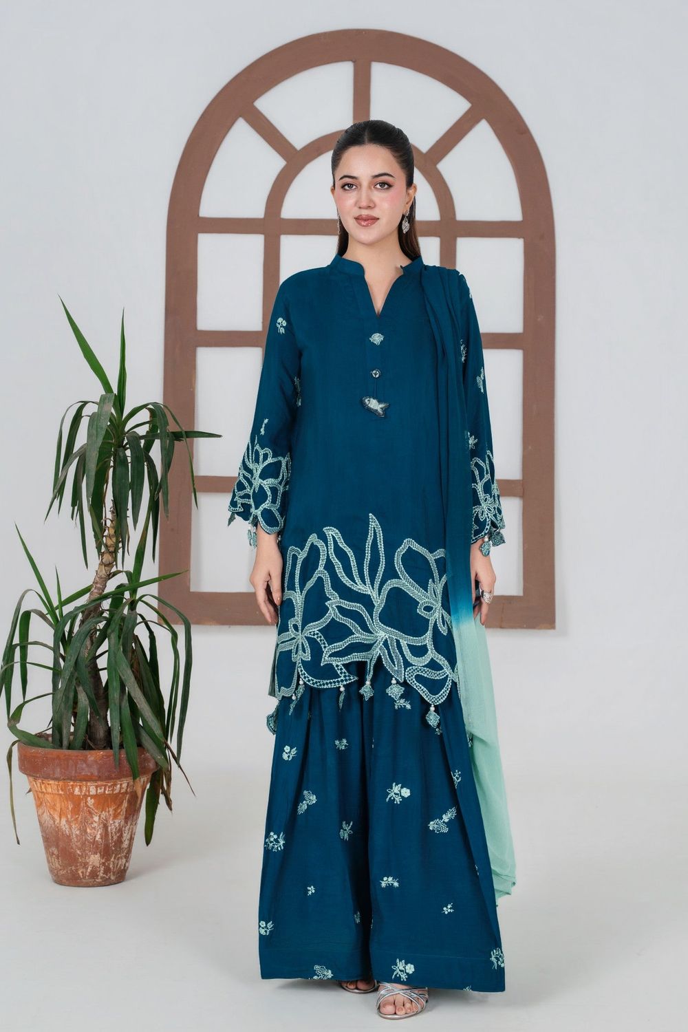 Sapphire Blue Embroidered Silk Sharara Suit Online in Dubai UAE Abudhabi Ajman Sharjah