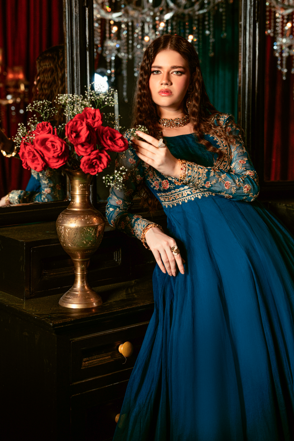 Sapphire Blue Gold Embroidered Chiffon Festive Outfit Online in Sri Lanka India Australia