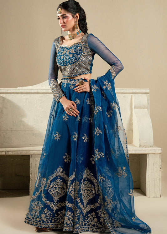 Sapphire Blue Gold Embroidered Lehenga Online in Sri Lanka India Australia