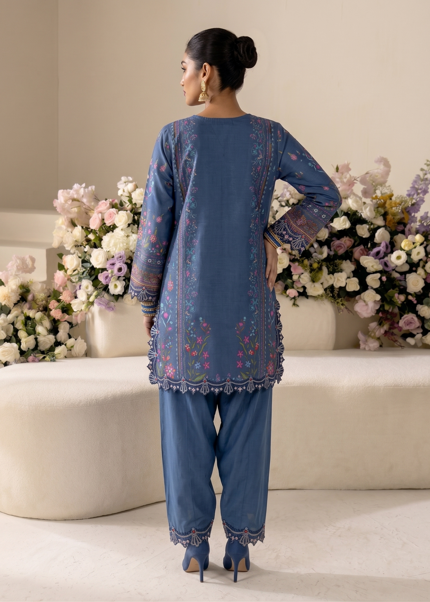 Sapphire Blue Raw Silk Embroidered Pakistani Suit Online in KSA Riyadh Saudi Arabia Oman Bahrain Qatar
