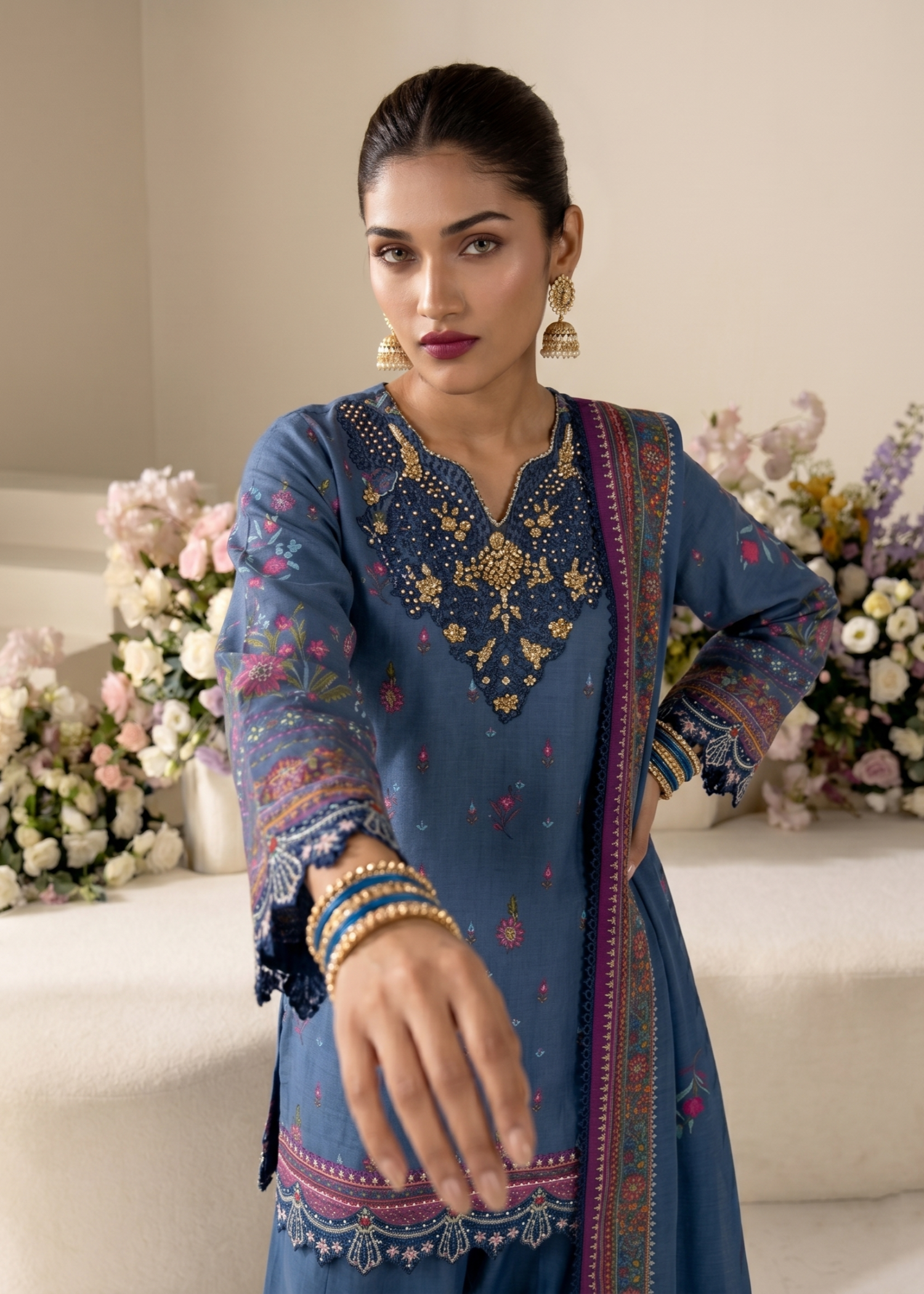 Sapphire Blue Raw Silk Embroidered Partywear Suit Online in Dubai UAE Abudhabi Ajman Sharjah