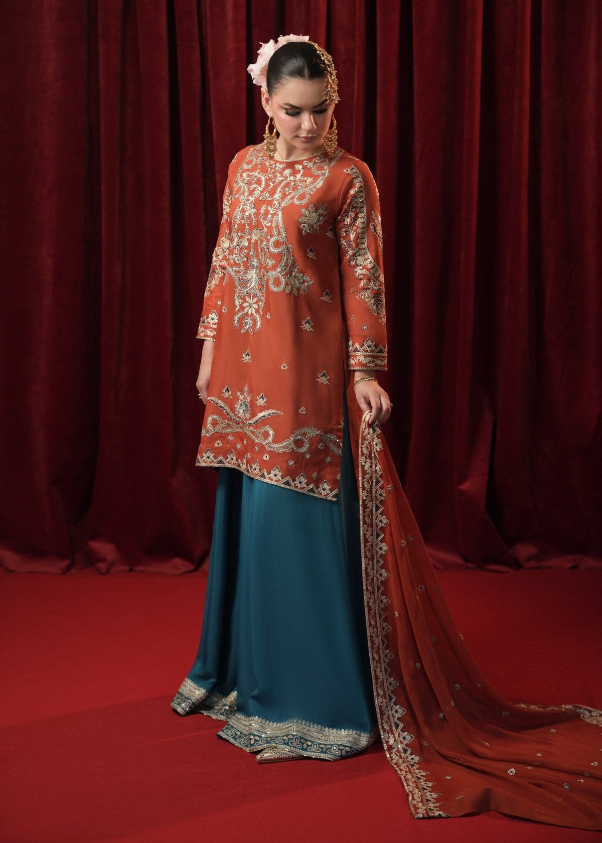 Sapphire Blue Rust Red Embroidered Sharara Online in Dubai DXB UAE Abudhabi Meena Bazaar