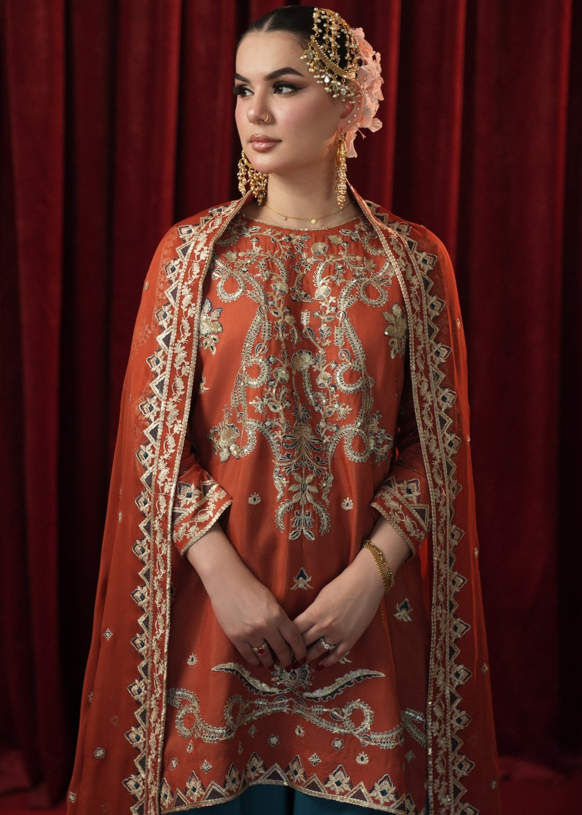 Sapphire Blue Rust Red Pakistani Designer Sharara Online in KSA Riyadh Saudi Arabia Oman Bahrain Qatar