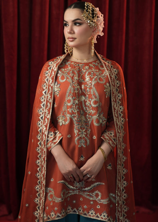 Sapphire Blue Rust Red Pakistani Designer Sharara Online in KSA Riyadh Saudi Arabia Oman Bahrain Qatar