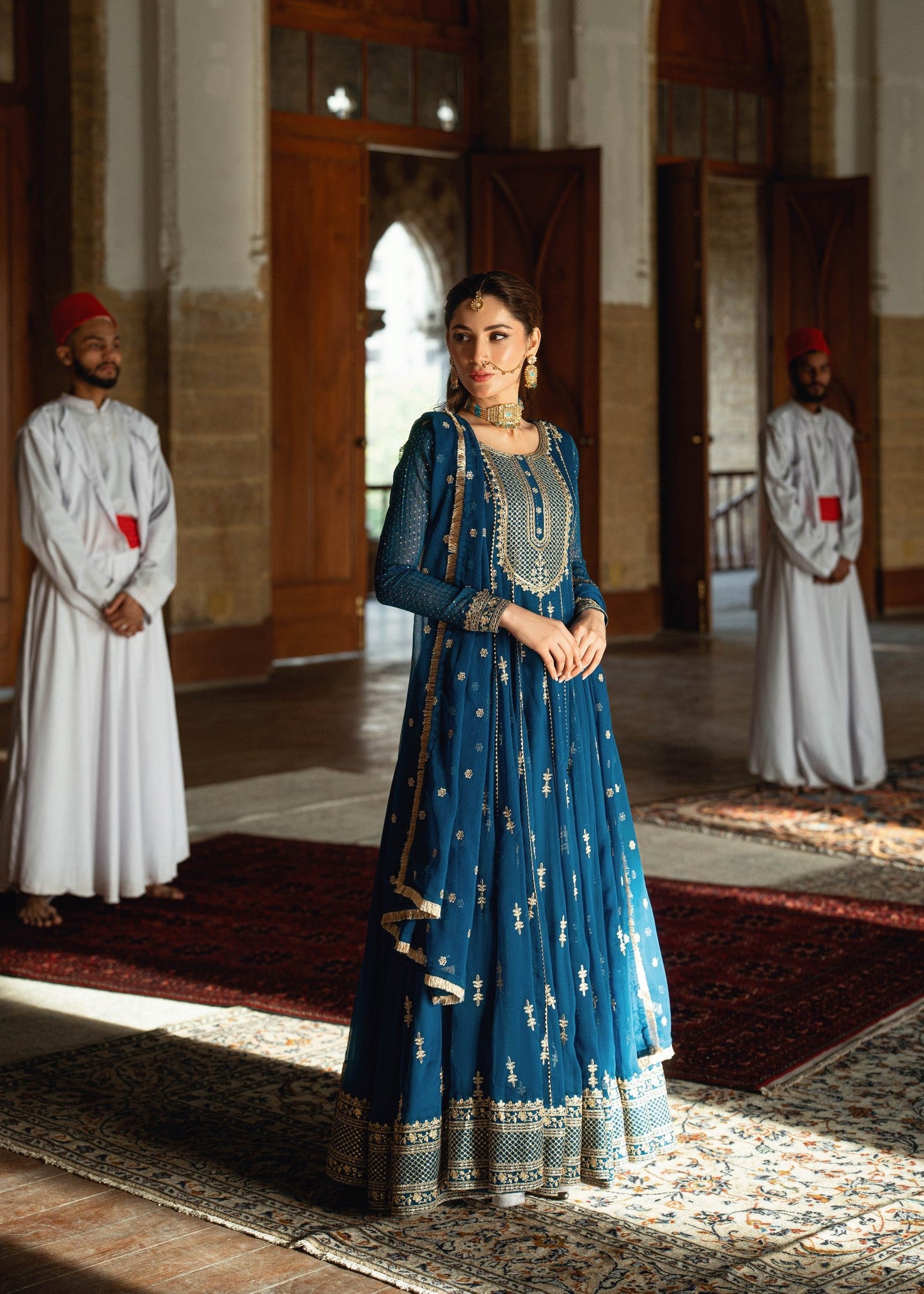 Sapphire Blue Sequin Zari Chiffon Pishwas Online in Dubai UAE Abudhabi Ajman Sharjah