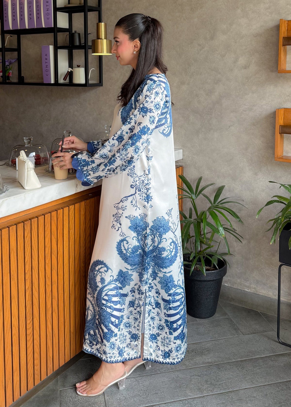 Satin Silk Blue Kaftan Printed Online in KSA Riyadh Saudi Arabia Oman Bahrain Qatar