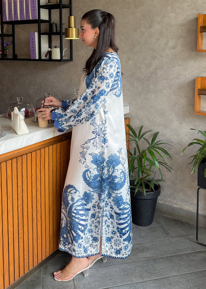 Satin Silk Blue Kaftan Printed Online in KSA Riyadh Saudi Arabia Oman Bahrain Qatar