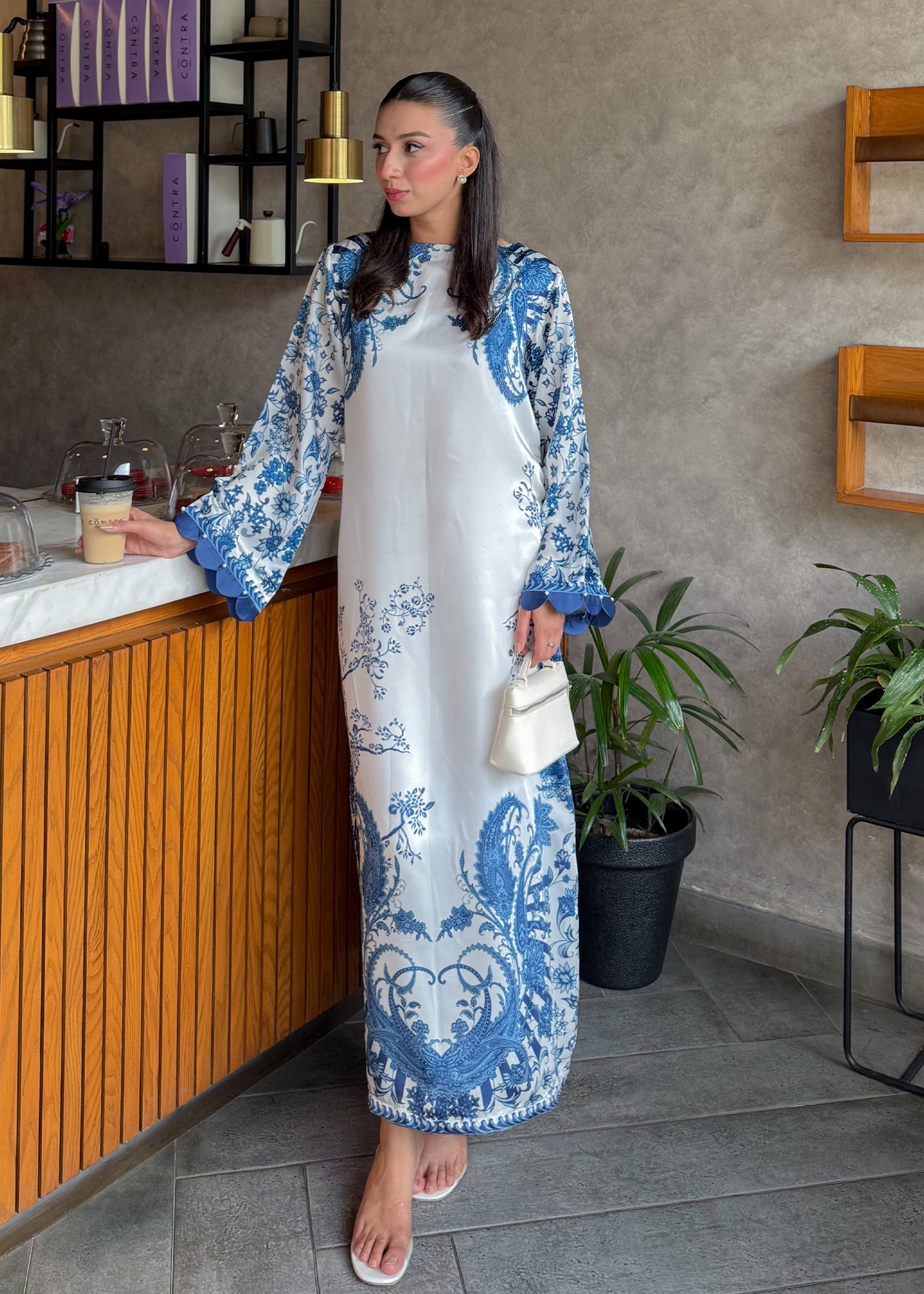 Satin Silk Blue Printed Kaftan Online in UK USA Canada