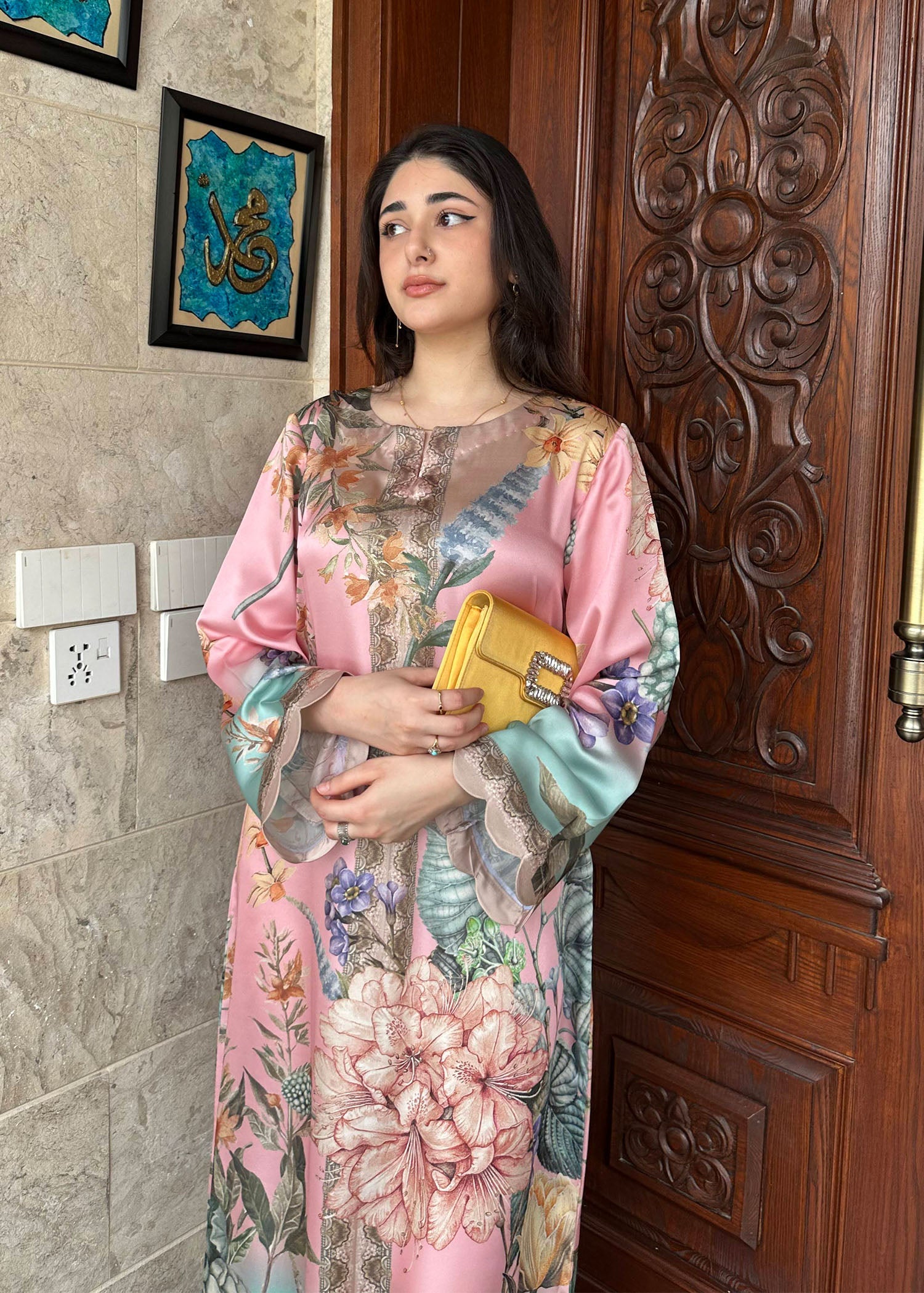 Satin Silk Multi Printed Kaftan for Festive Occasion Online in KSA Riyadh Saudi Arabia Oman Bahrain Qatar