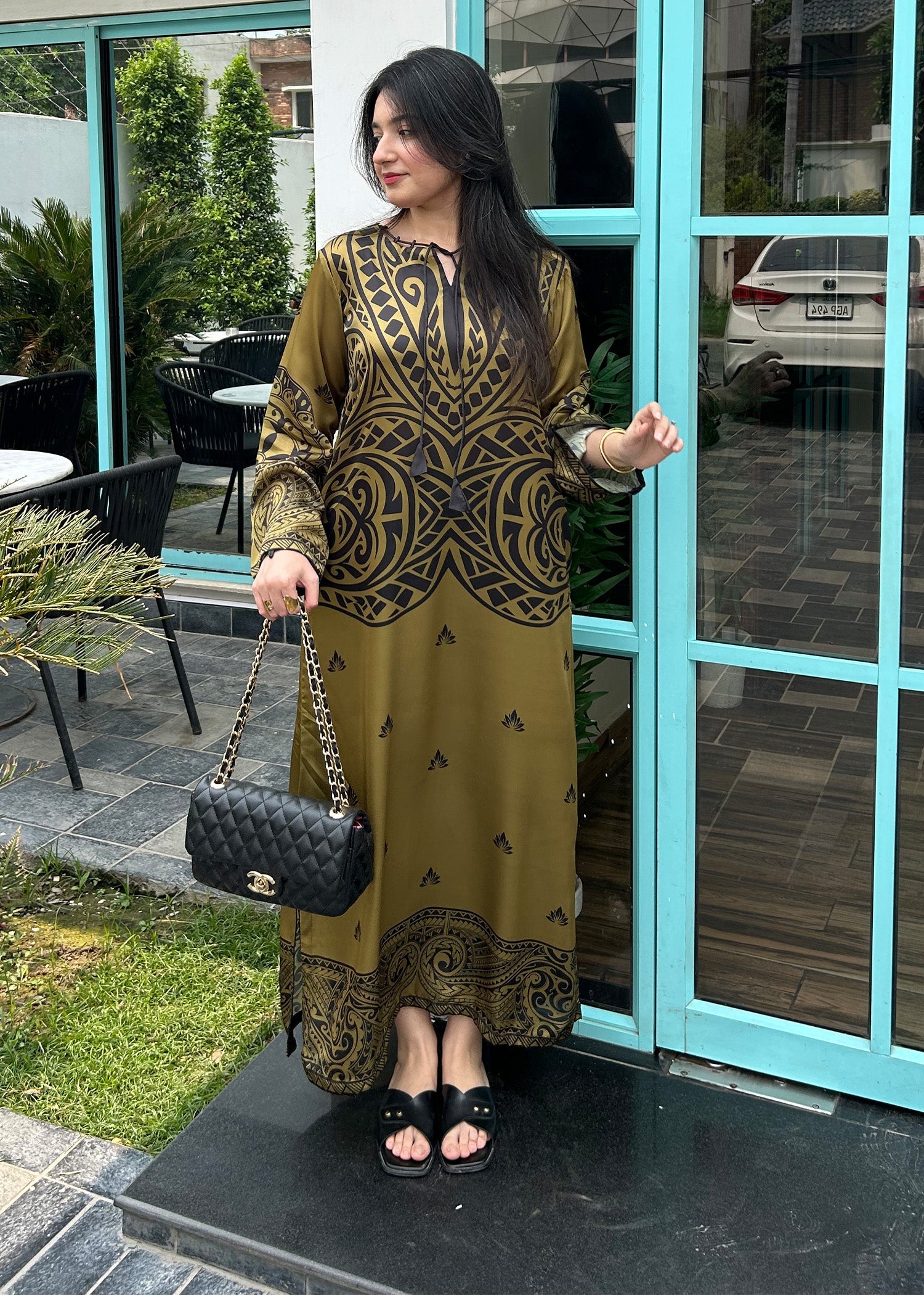 Satin Silk Olive Green Printed Kaftan Online in UK USA Canada