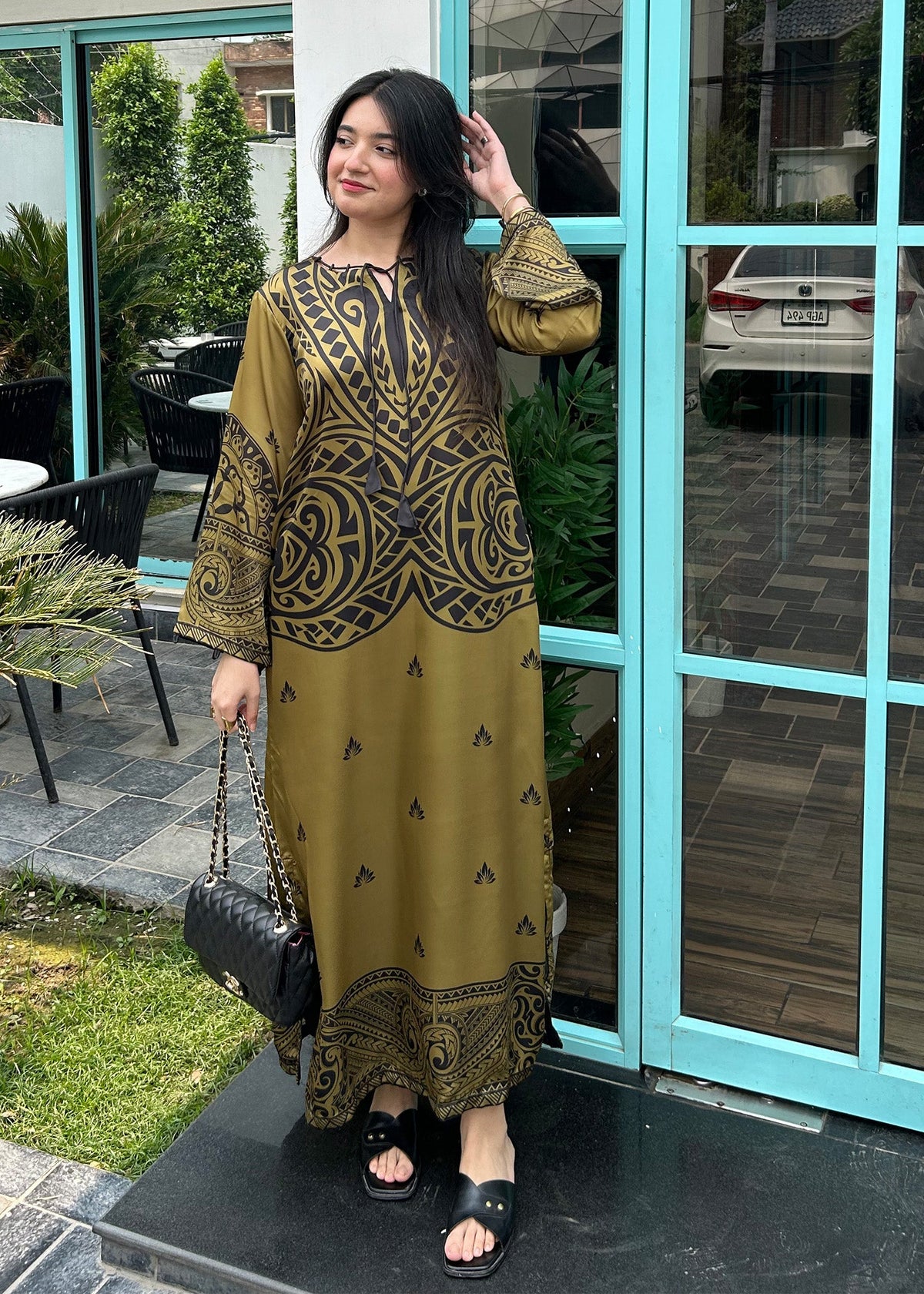 Satin Silk Olive Green Printed Kaftan Online in UK USA Canada