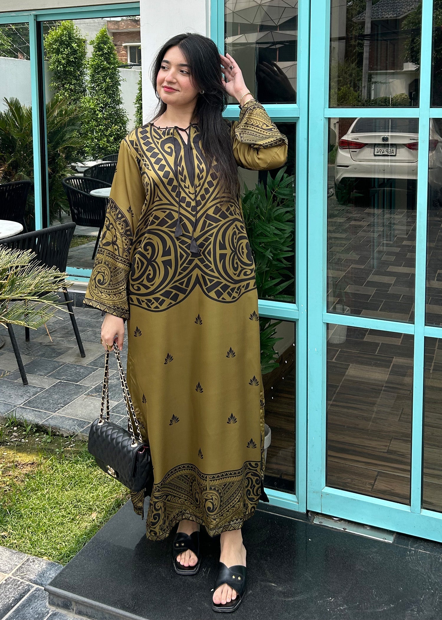 Satin Silk Olive Green Printed Kaftan Online in UK USA Canada