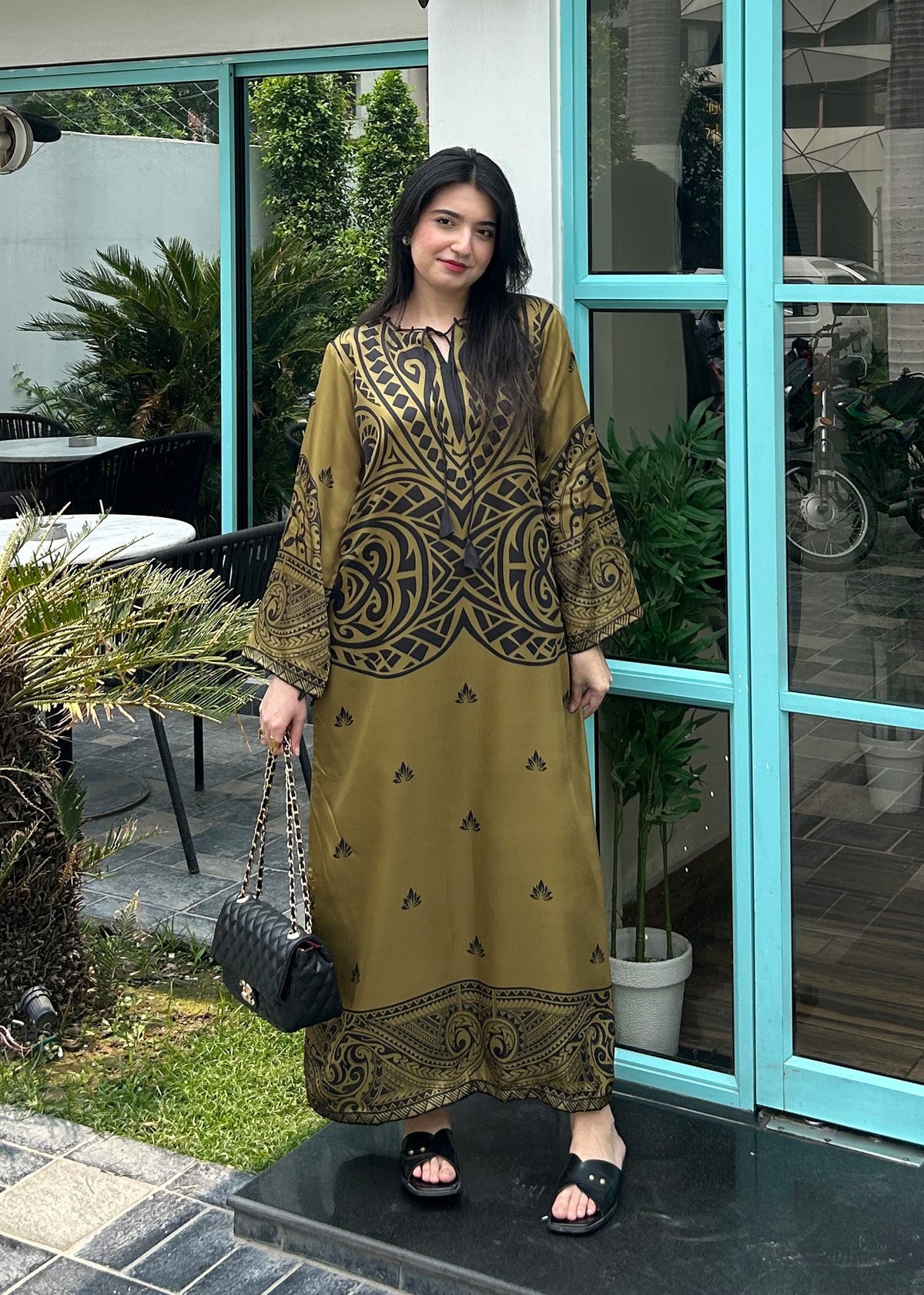 Satin Silk Olive Green Printed Kaftan Online in UK USA Canada