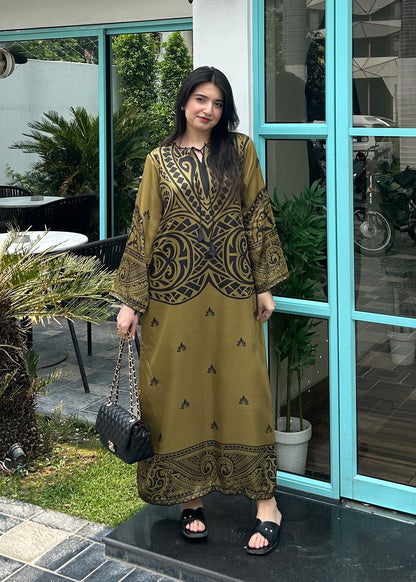 Satin Silk Olive Green Printed Kaftan Online in UK USA Canada