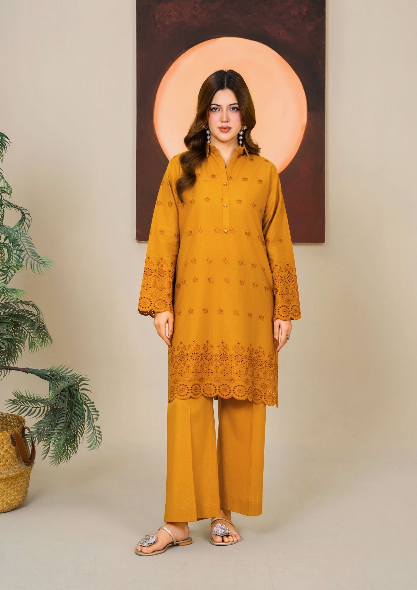 Schiffli Cambric Kurta Set Mustard Online in Dubai DXB UAE Abudhabi Meena Bazaar