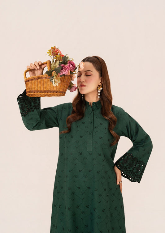 Schiffli Embroidered Bottle Green Cambric Salwar Kameez Online in KSA Riyadh Saudi Arabia Oman Bahrain Qatar