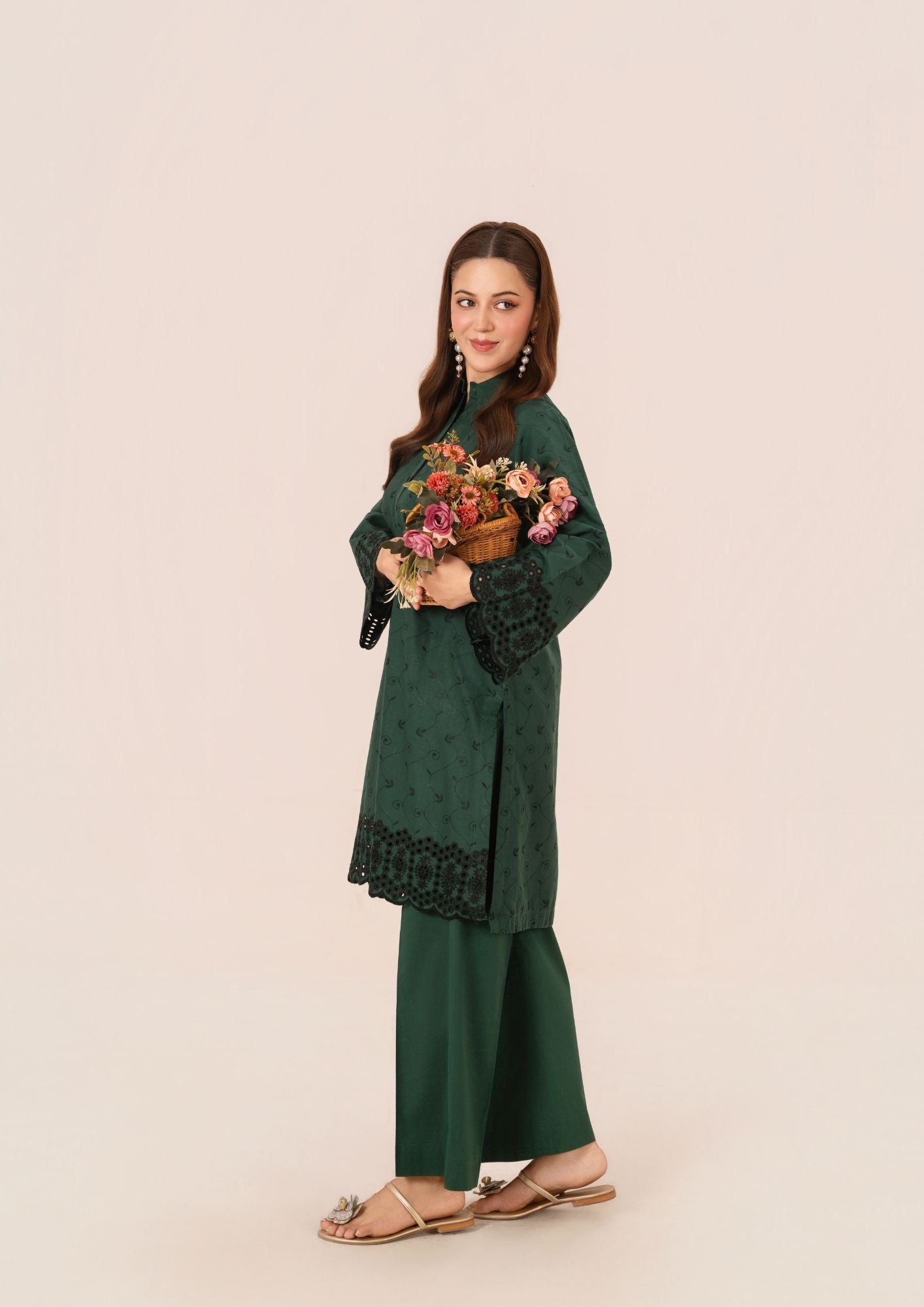Schiffli Embroidered Bottle Green Tunic Kurta for Women Online in Sri Lanka India Australia