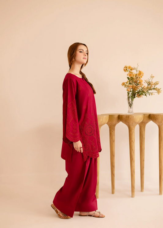 Schiffli Embroidered Fire Red Lawn Kurta Set Online in Sri Lanka India Australia