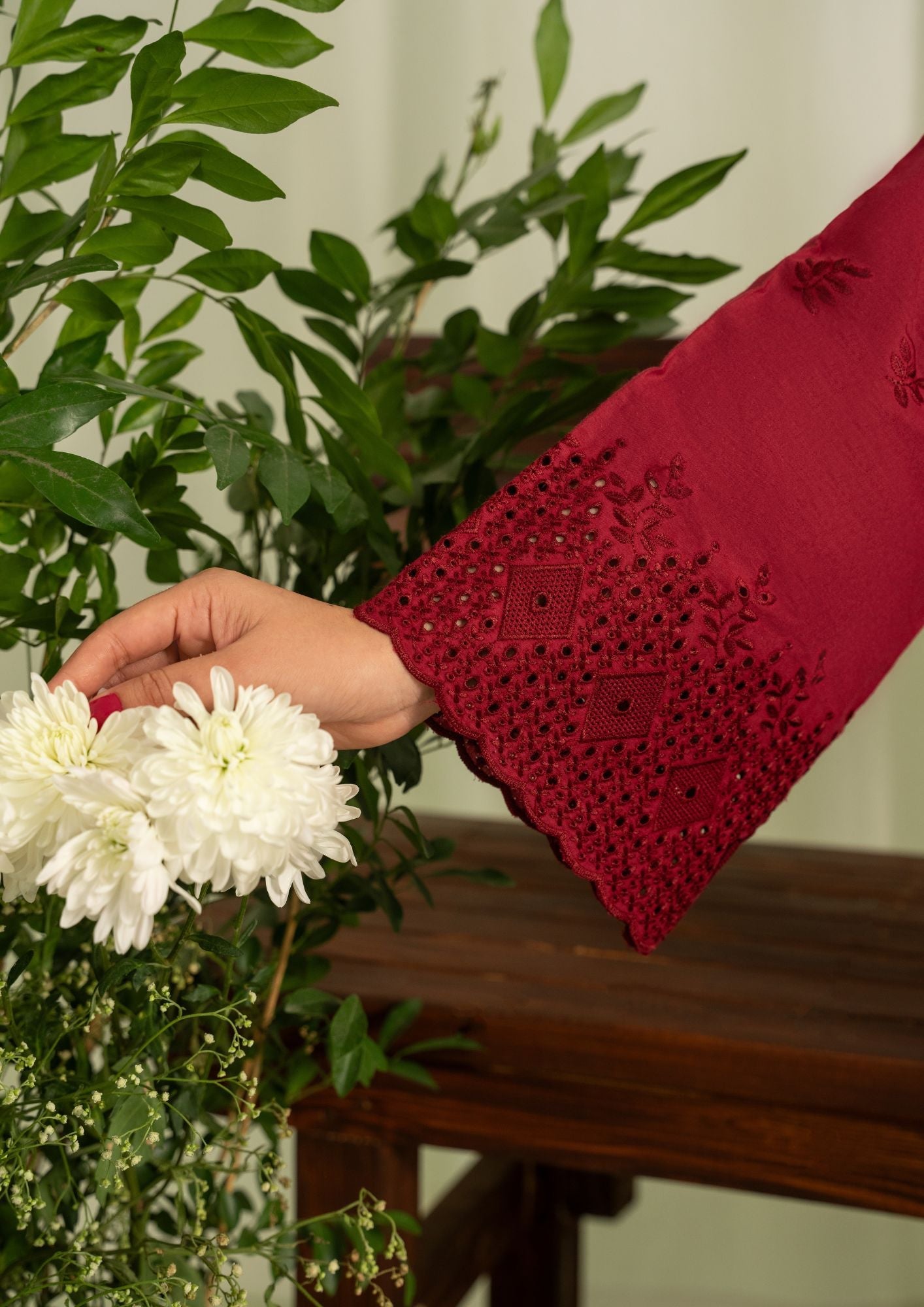 Schiffli Embroidered Maroon Cambric Kurta with Bell Bottom Online in Dubai UAE Abudhabi Ajman Sharjah