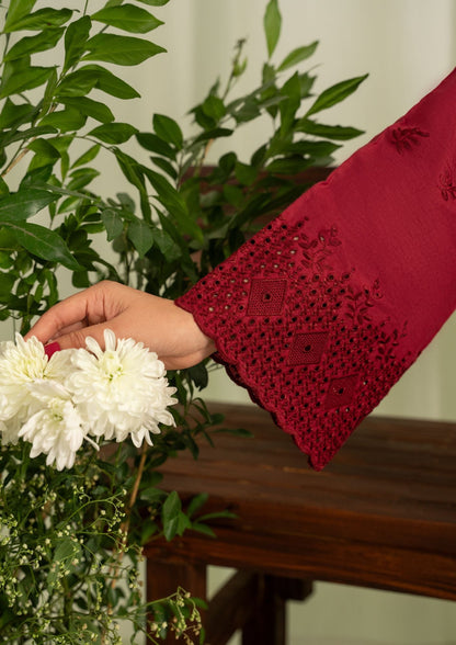 Schiffli Embroidered Maroon Cambric Kurta with Bell Bottom Online in Dubai UAE Abudhabi Ajman Sharjah