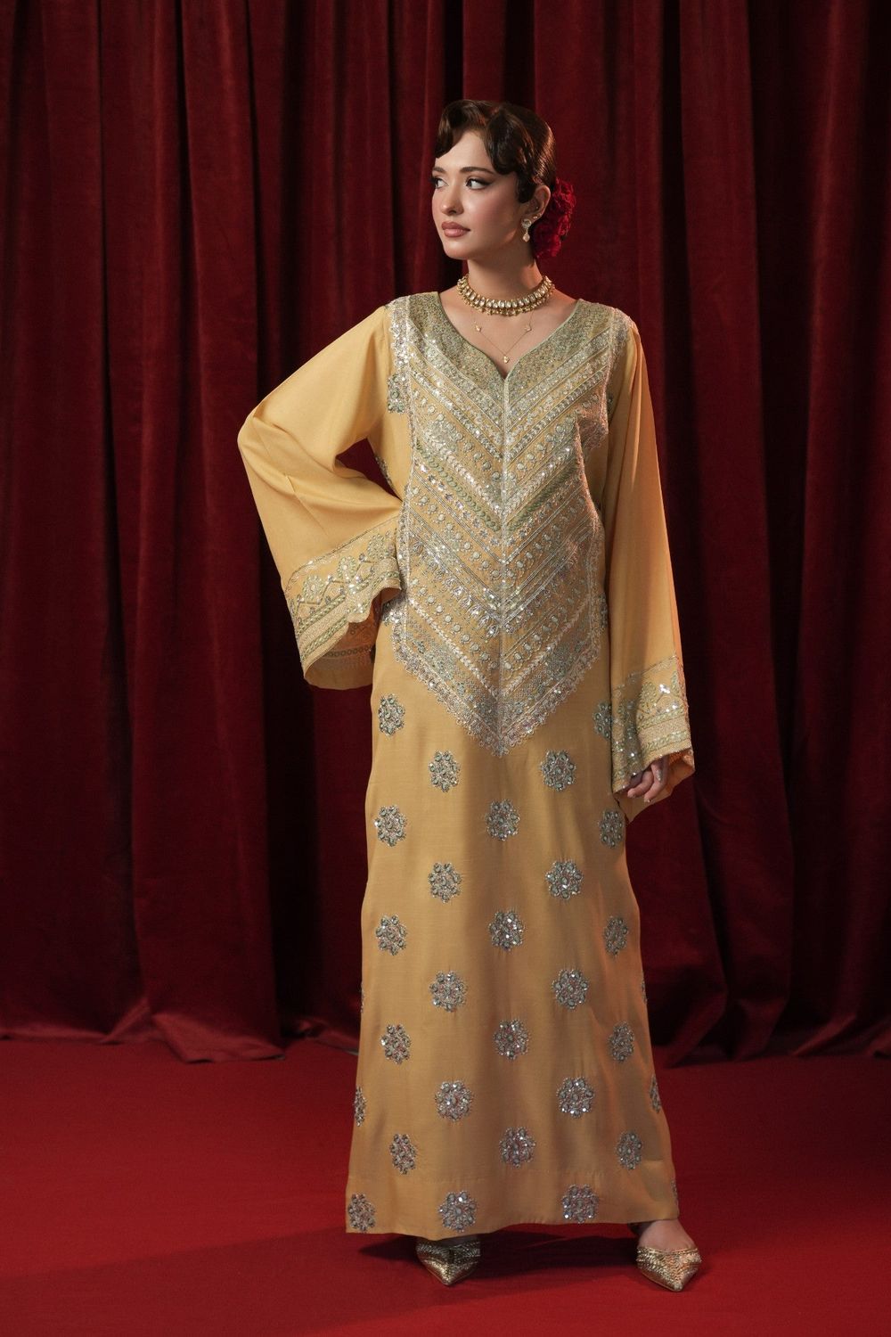 School Bus Yellow Embroidered Raw Silk Kaftan Online in Dubai UAE Abudhabi Ajman Sharjah