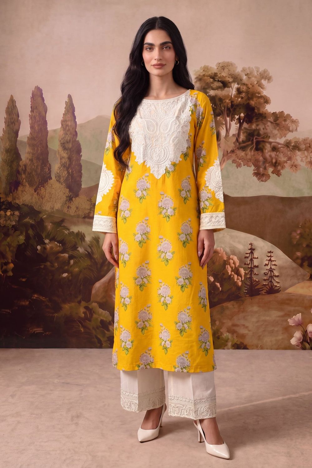 School Bus Yellow Patchwork Cotton Kurta Set Online in Dubai UAE Abudhabi Ajman Sharjah