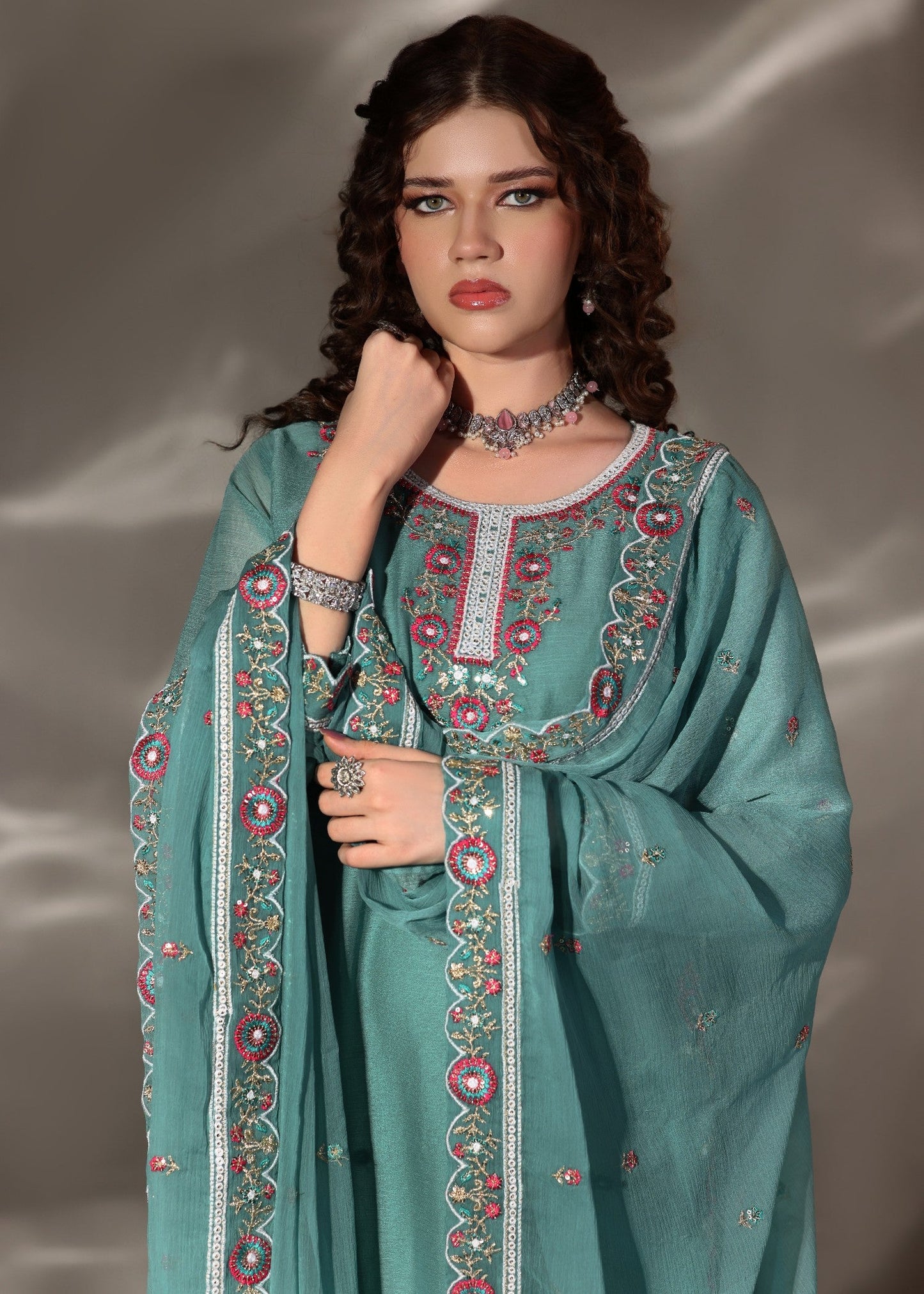 Sea Green Chiffon Festive Wear Suit Online in Dubai UAE Abudhabi Ajman Sharjah