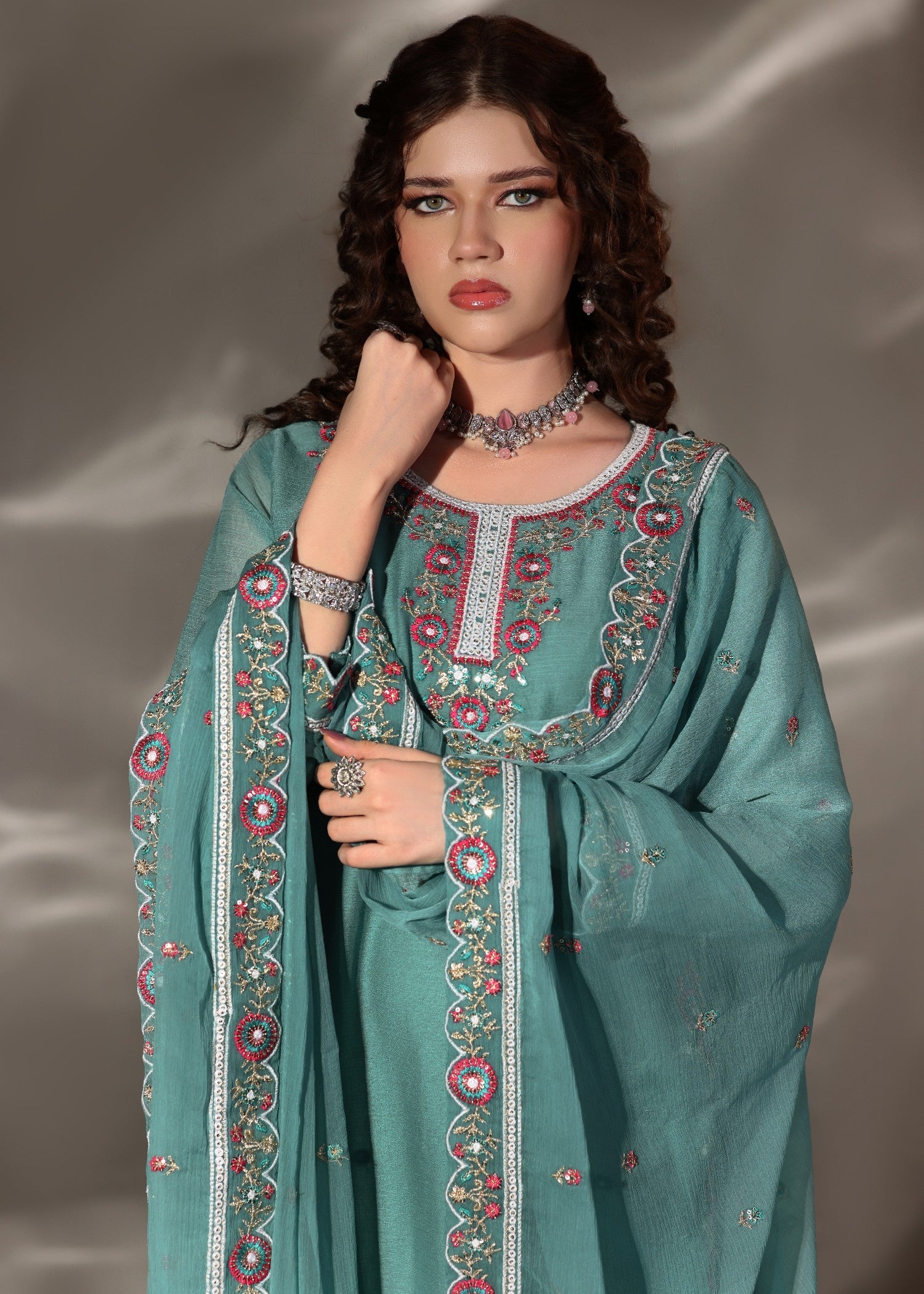 Sea Green Chiffon Festive Wear Suit Online in Dubai UAE Abudhabi Ajman Sharjah