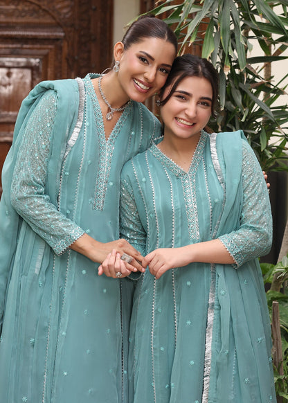 Sea Green Embroidered Chiffon 3 Piece Festive Suit Online in Sri Lanka India Australia