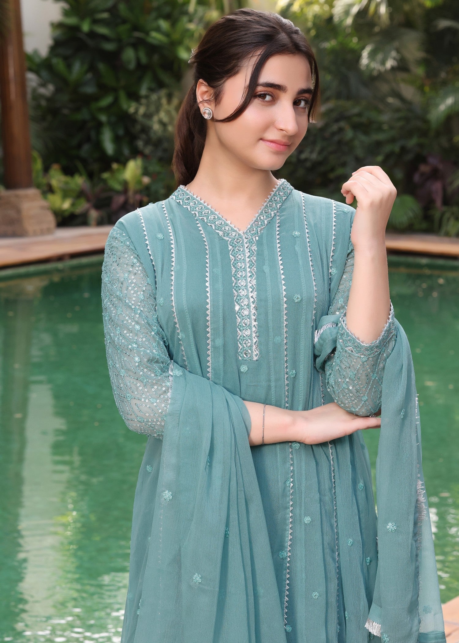 Sea Green Embroidered Chiffon Festive Wear Pishwas Suit Online in UK USA Canada