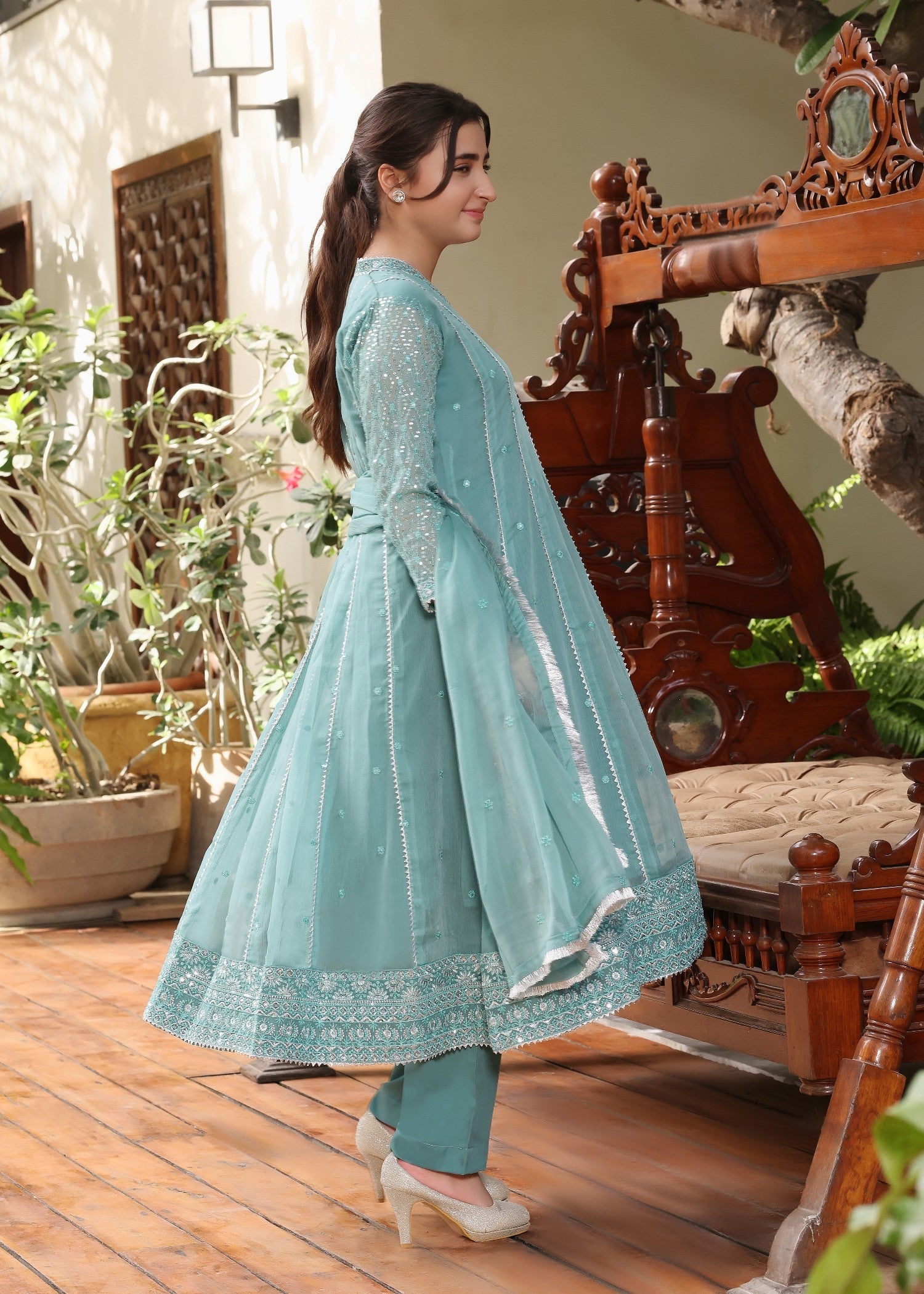 Sea Green Embroidered Chiffon Kids Partywear Suit Online in Dubai UAE Abudhabi Ajman Sharjah