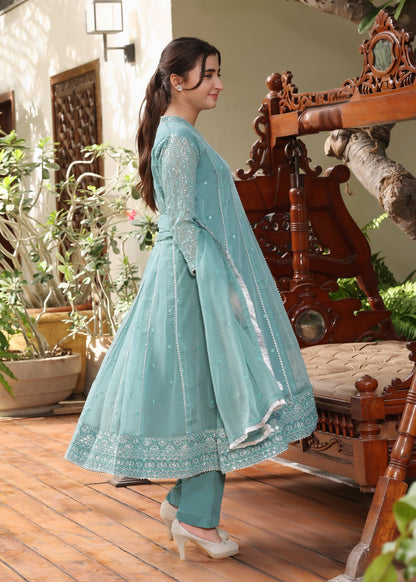 Sea Green Embroidered Chiffon Kids Partywear Suit Online in Dubai UAE Abudhabi Ajman Sharjah