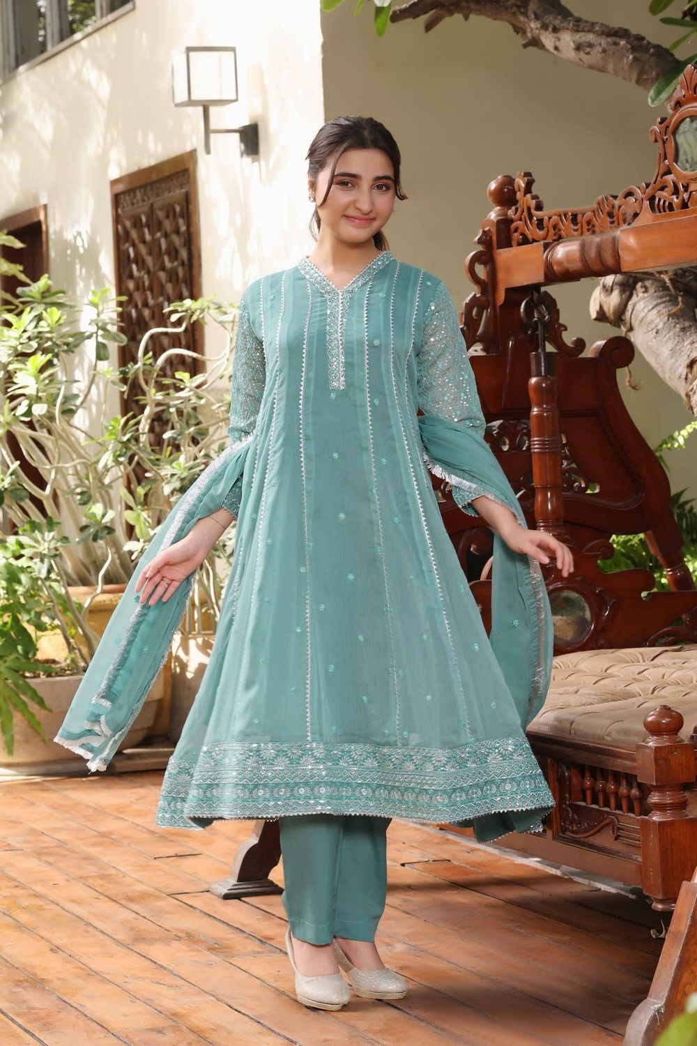 Sea Green Embroidered Chiffon Partywear Pishwas Set Online in Dubai UAE Abudhabi Ajman Sharjah