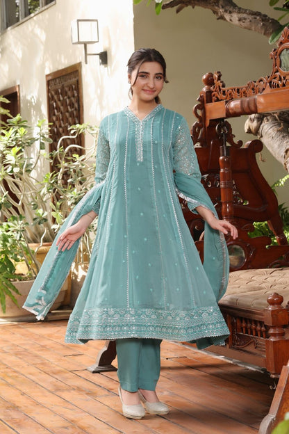 Sea Green Embroidered Chiffon Partywear Pishwas Set Online in Dubai UAE Abudhabi Ajman Sharjah