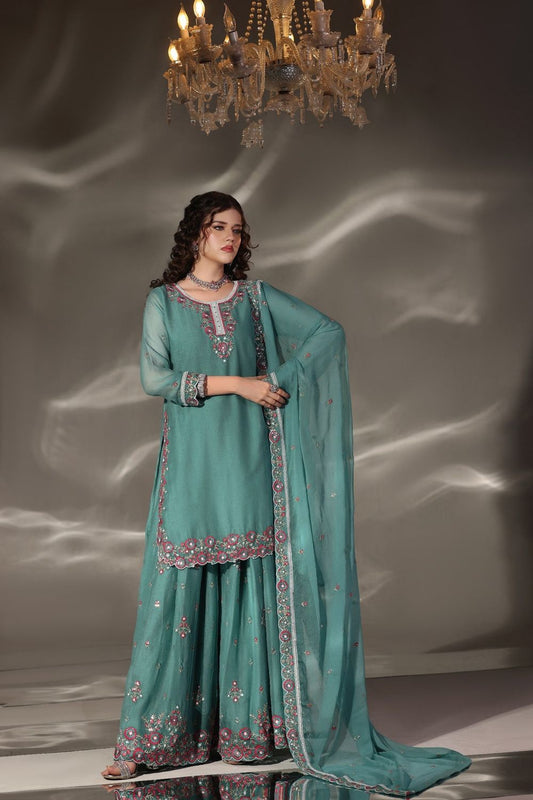 Sea Green Embroidered Chiffon Partywear Suit Online in Dubai UAE Abudhabi Ajman Sharjah