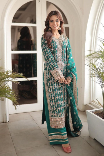 Sea Green Embroidered Chiffon Partywear Suit Online in Dubai UAE Abudhabi Ajman Sharjah