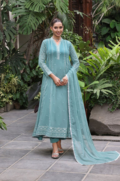 Sea Green Embroidered Chiffon Partywear Suit Online in Dubai UAE Abudhabi Ajman Sharjah