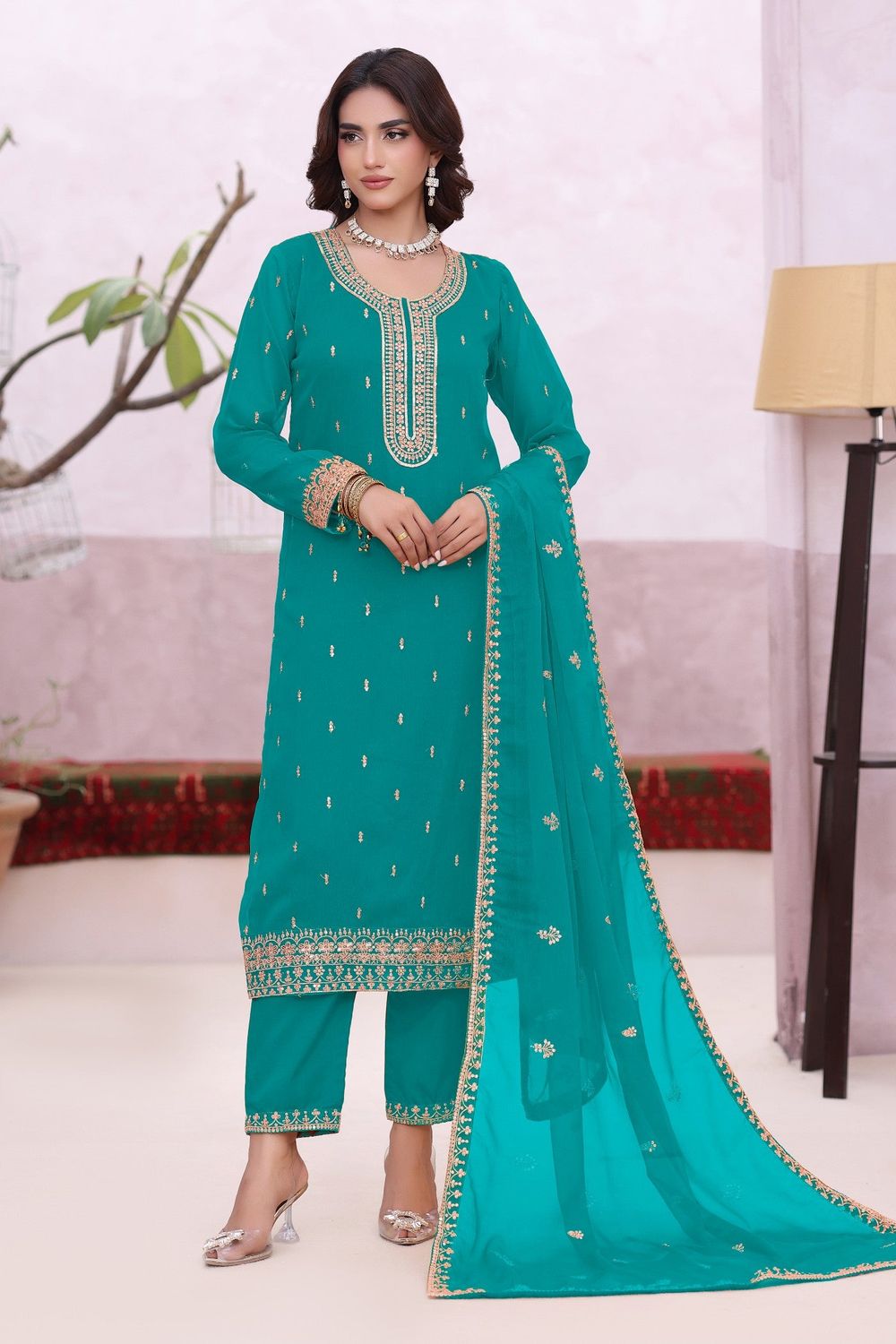 Sea Green Embroidered Chiffon Straight Kurta Set Online in Dubai UAE Abudhabi Ajman Sharjah
