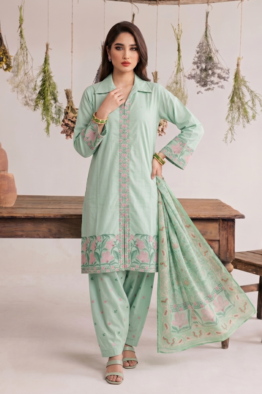 Sea Green Embroidered Cotton Straight Cut Kurta Online in Dubai UAE Abudhabi Ajman Sharjah