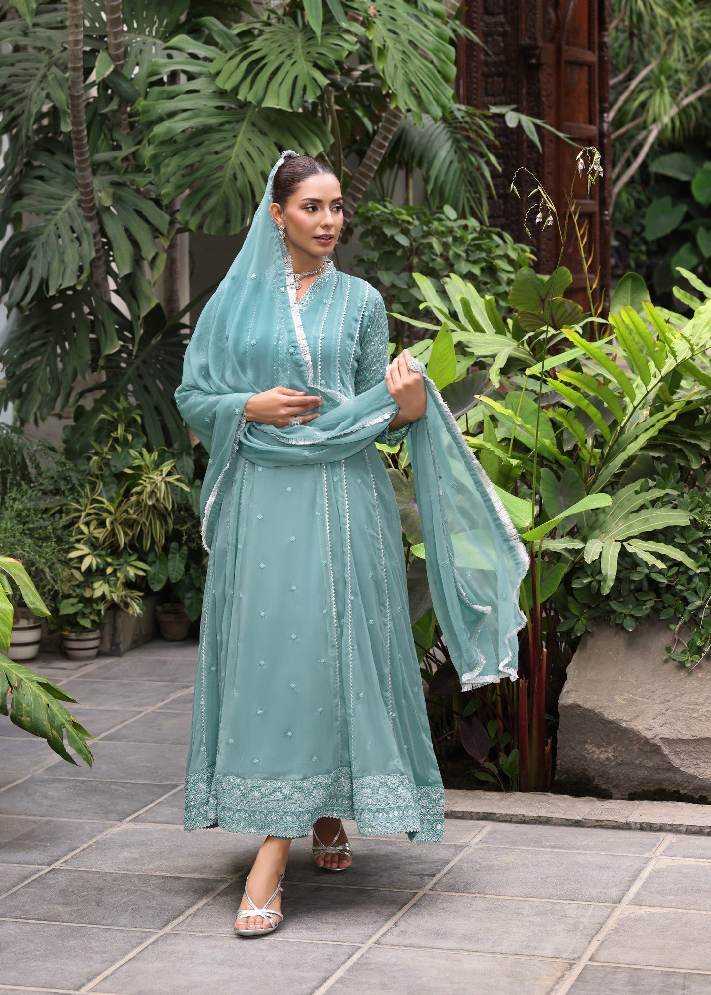 Sea Green Embroidered Crepe Trouser Chiffon Dupatta Set Online in Dubai UAE Abudhabi Ajman Sharjah