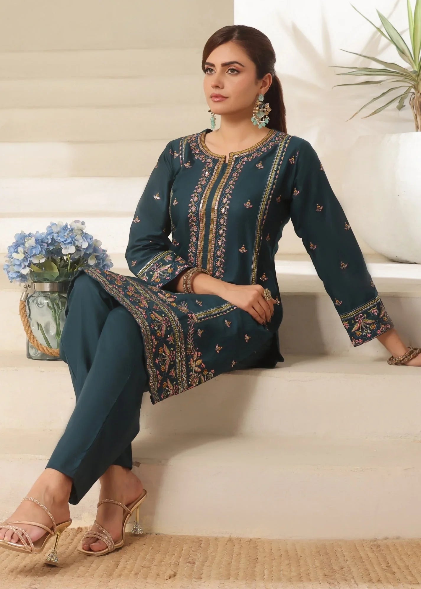 Sea Green Embroidered Lawn Cotton Salwar Kameez Online in UK USA Canada