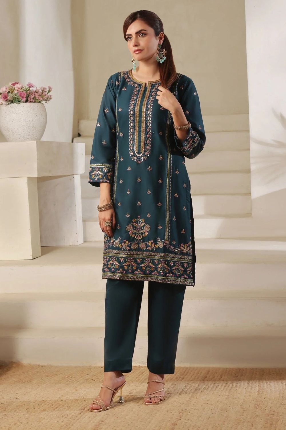 Sea Green Embroidered Lawn Cotton Suit Online in Dubai UAE Abudhabi Ajman Sharjah
