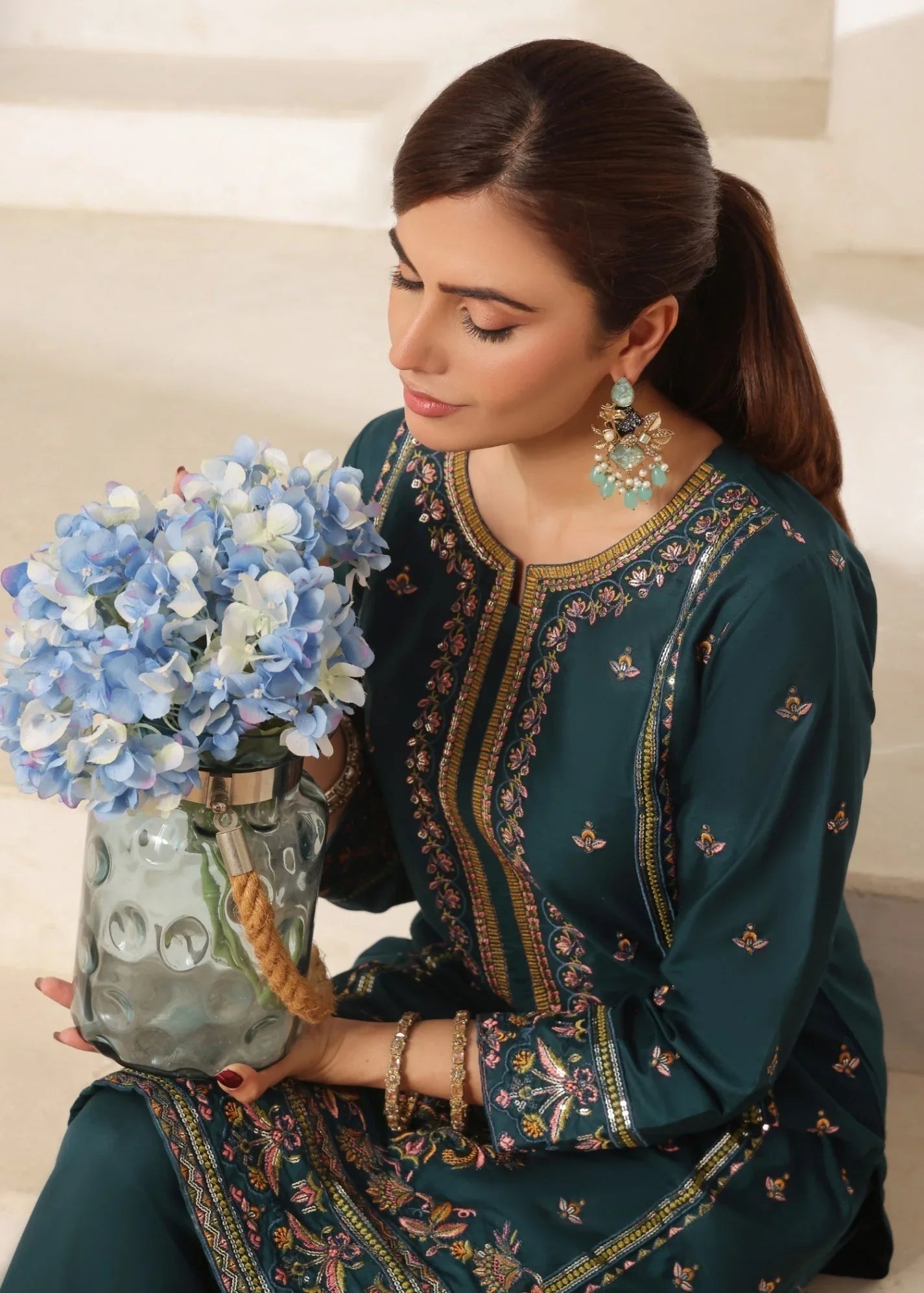 Sea Green Embroidered Lawn Kurta with Trousers Online in Dubai UAE Abudhabi Ajman Sharjah