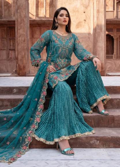 Sea Green Embroidered Organza Gharara Dress Online in Dubai UAE Abudhabi Ajman Sharjah