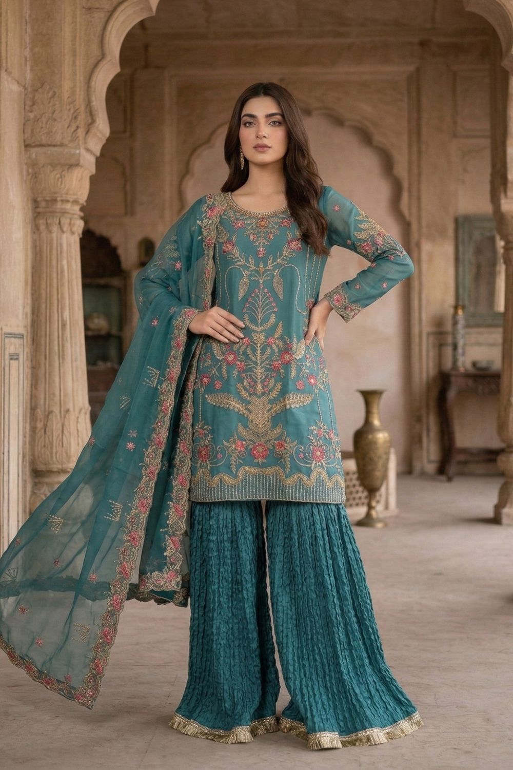 Sea Green Embroidered Organza Gharara Suit Online in Dubai UAE Abudhabi Ajman Sharjah