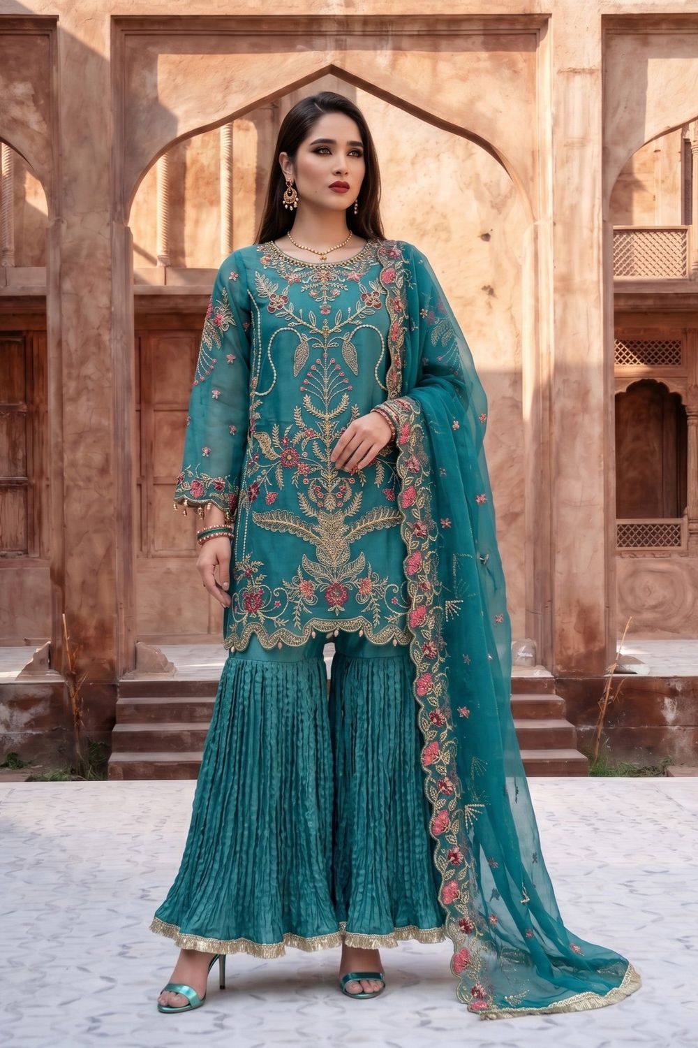 Sea Green Embroidered Organza Partywear Suit Online in Dubai UAE Abudhabi Ajman Sharjah