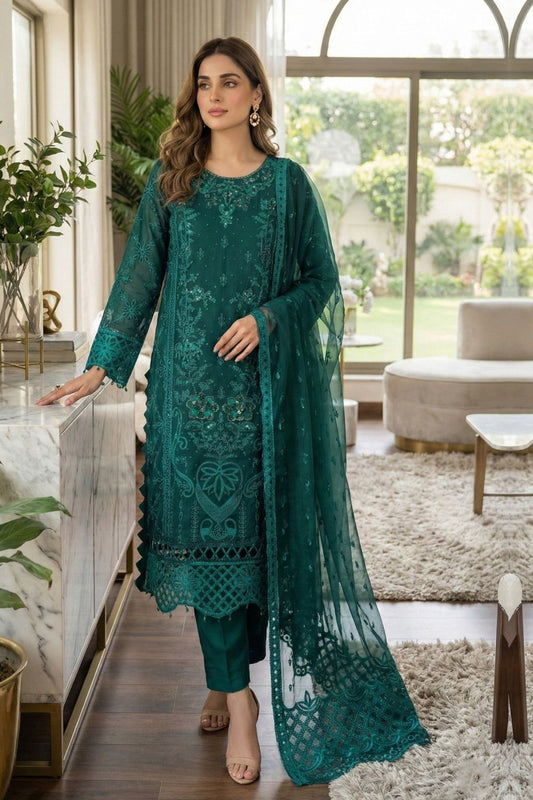 Sea Green Embroidered Organza Partywear Suit Online in Dubai UAE Abudhabi Ajman Sharjah